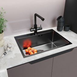 Мойка настол.монтаж 60х45 (3,0) вып 3 1/2  MIXLINE PRO 22см с сифоном (черный графит НАНО декор) - 552933