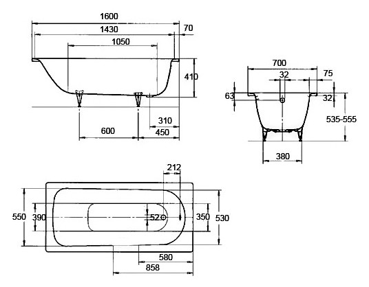 Ванна стальная Kaldewei SANIFORM PLUS 160х70х41, alpine white, без ножек