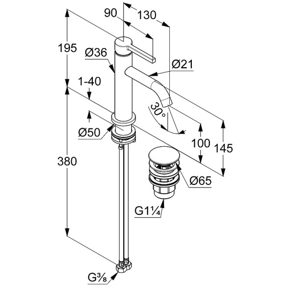 Смеситель для раковины Kludi Nova Fonte Pura с донным клапаном, керамический картридж, черный матовый (202883915)