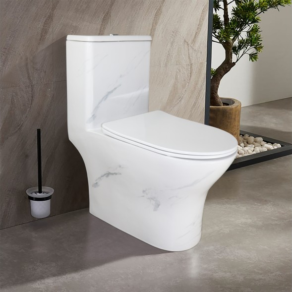 Унитаз-моноблок Azario Terni 350х670х760 напольный, безободковый, горизонтальный слив, сиденье дюропласт микролифт, цвет - белый мрамор (AZ-8618M)