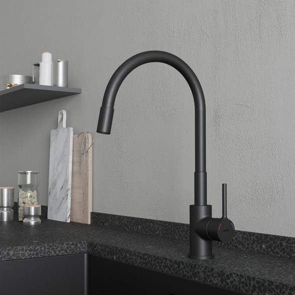 Смеситель для кухни 35к Milardo M01BL0FM05 &amp;quot;Meal&amp;quot; гибкий, высокий пов. излив, п/гайку, ЧЕРНЫЙ мат - M01BL0FM05 