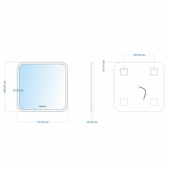 Зеркало MIXLINE &amp;quot;Стив-3&amp;quot; 700*685 (ШВ) сенсорный выключатель, часы + подогрев - ФР-1754 