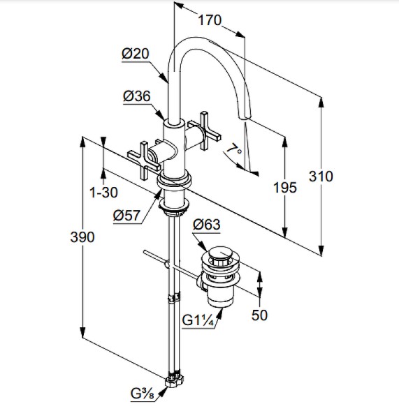 Смеситель для раковины Kludi Nova Fonte с донным клапаном, керамические кран-буксы, хром (201180520)