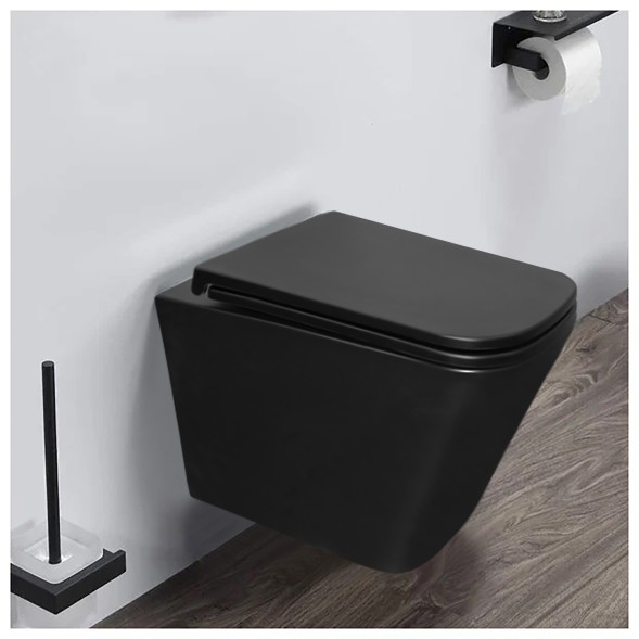 Унитаз подвесной Azario Teramo 490х345х355 безободковый, слив скрытое торнадо, быстросъемное сиденье микролифт, черный матовый (AZ-0052-UQ3MB)