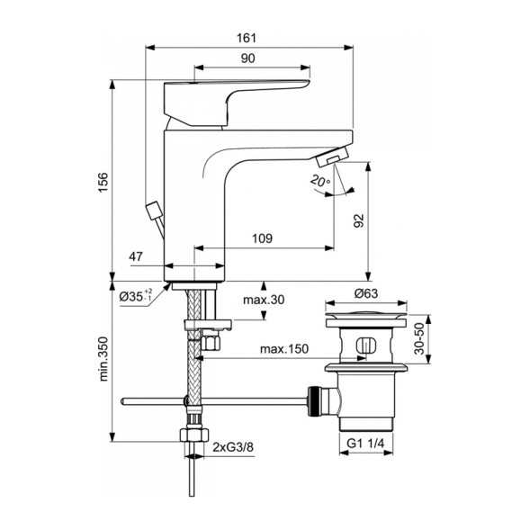 Однорукоятковый смеситель для умывальника Ideal Standard CERAPLAN III SLIM Grande, с металлическим донным клапаном