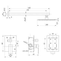 Душевая система 35к ПРОФСАН ПСМ-CB-02 лейка "Тропический душ квадрат " встраиваемая, ХРОМ - PSM-CB-02