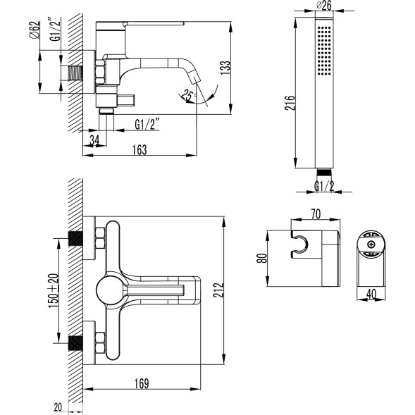 Смеситель для ванны и душа Azario VINCENTE с ручным душем, керамический картридж, черный матовый (AZ-VRZ2338326PA)