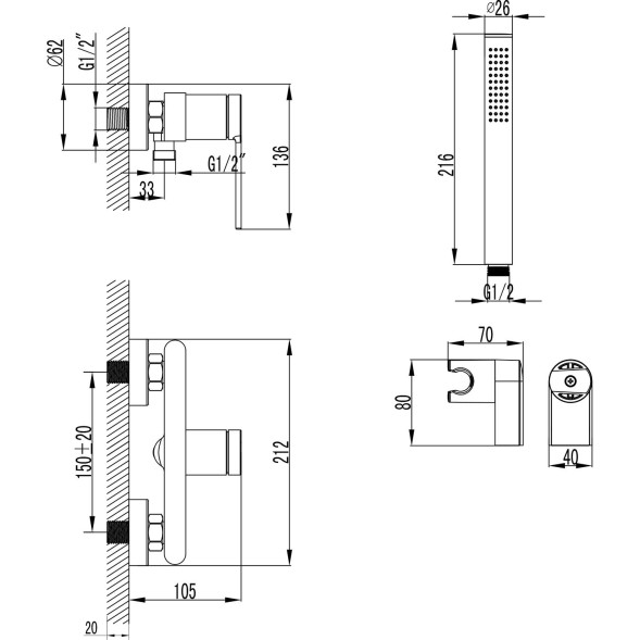 Смеситель для душа Azario VINCENTE с ручным душем, керамический картридж, без излива, графит (AZ-VRZ338326AJ)