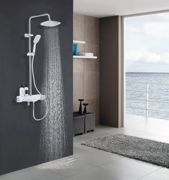 Душевая система AZARIO с поворотным изливом, с термостатом, хром/белый (AZ-821)