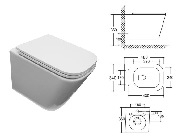 Унитаз подвесной Azario Armonia с системой смыва Tornado, безободковый с сиденьем микролифт 490*340*360 (AZ-2403)