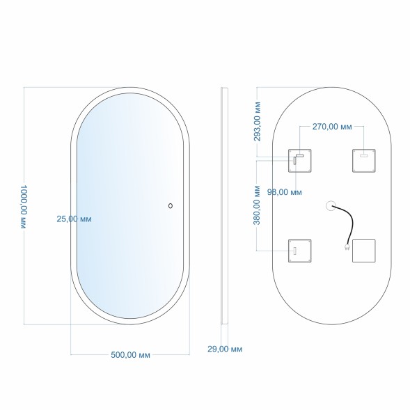 Зеркало MIXLINE &amp;quot;Виола&amp;quot; 500*1000 (ШВ) сенсорный выкл., светодиодная подсветка гор/верт крепеж - LED-00002355 