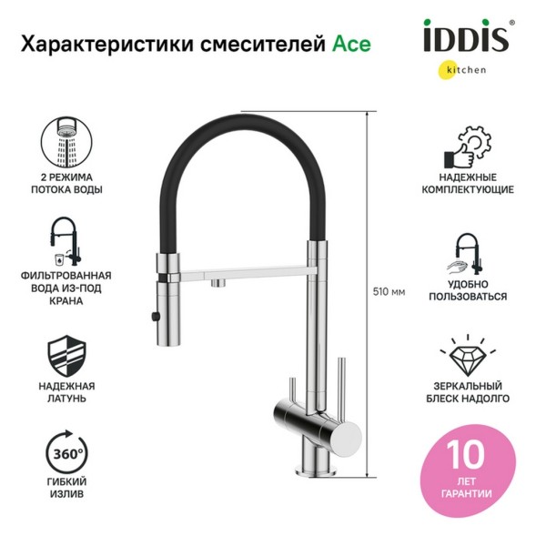 Смеситель для кухни 35к IDDIS ACESBFFi05 &amp;quot;Ace&amp;quot; высокий, 3 в1, вых. д/пит. фильтра, душ  ХРОМ - ACESBFFi05 