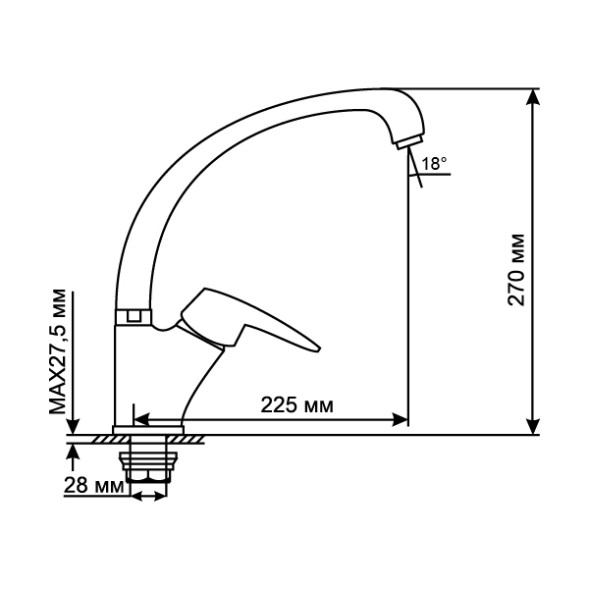 Смеситель для кухни 40k MIXLINE ML08-032 высокий излив б/отв боковая п/гайку (без подводки) - ML08-032 