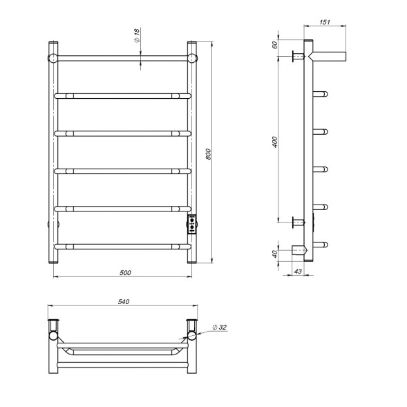 Полотенцесушитель MIXLINE MIRA  80х50 (таймер, 336 Вт, 5 перекладин + ПОЛКА) электрический ЧЕРНЫЙ - ML-556357 