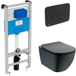 Промо-комплект Ideal Standard TESI silk black инсталляция с подвесным унитазом и крышкой микролифт, цвет черный матовый + кнопка смыва двойная, ченая в подарок (T3868V3/123A6)