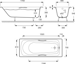 Ванна чугунная  Jacob Delafon MELANIE 170x70 см с антискользящим покрытием, с отверстием для ручек, без ножек, белая (E2925-00)