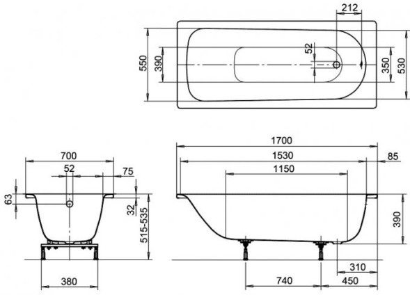 Ванна стальная Kaldewei Eurowa, Mod.312, размер 1700х700х390 мм, цвет alpine white, без ножек