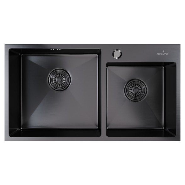 Мойка настол.монтаж 72х40 (3,0) 2-х ЧАШЕВАЯ вып 3 1/2  MIXLINE PRO 22см с сифоном (черный графит) - 547241 