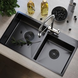 Мойка настол.монтаж 72х40 (3,0) 2-х ЧАШЕВАЯ вып 3 1/2  MIXLINE PRO 22см с сифоном (черный графит) - 547241