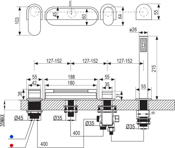 Смеситель врезной каскадный для ванн CR 025.00