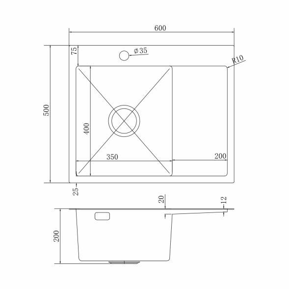 Мойка настол.монтаж 60х50 (3,0) лев. вып 3 1/2  MIXLINE PRO 20см с сифоном (черный графит) - 552926 