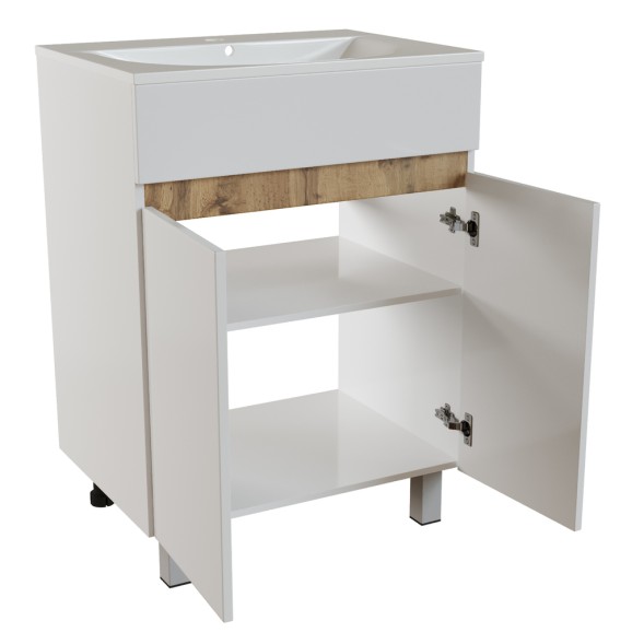 Тумба д/ванной &amp;quot;БРИКС-60&amp;quot; 2 створки белый/дуб вотан под рак.&amp;quot;Breeze 60&amp;quot; мебельный (Sanita Luxe)(ПВХ) - 556812 