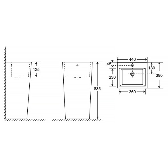 Раковина напольная AZARIO FRETTA SQUARE 440х380х835 отдельностоящая, прямоугольная (AZ-303)