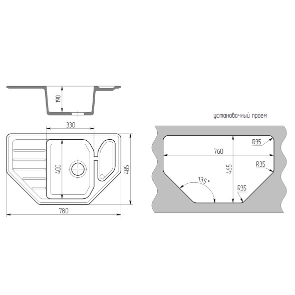 Мойка ML-GMS17 СТАНДАРТ угловая с крылом, черный (308), 780*485*190мм - 00-00002377 