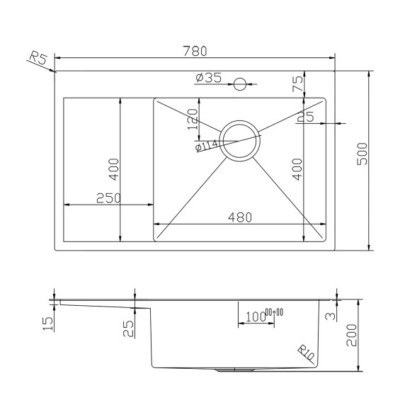 Мойка настол.монтаж 78х50 (3,0) прав. вып 3 1/2  MIXLINE PRO 20см с сифоном (бронза) - 552920 
