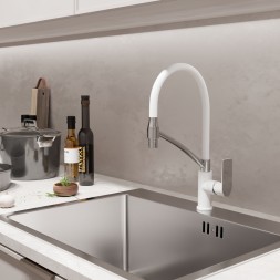 Смеситель для кухни 35k MIXLINE ML33-108 &amp;quot;City White&amp;quot; гибкий излив боковая ручка БЕЛЫЙ/ХРОМ - ML33-108 